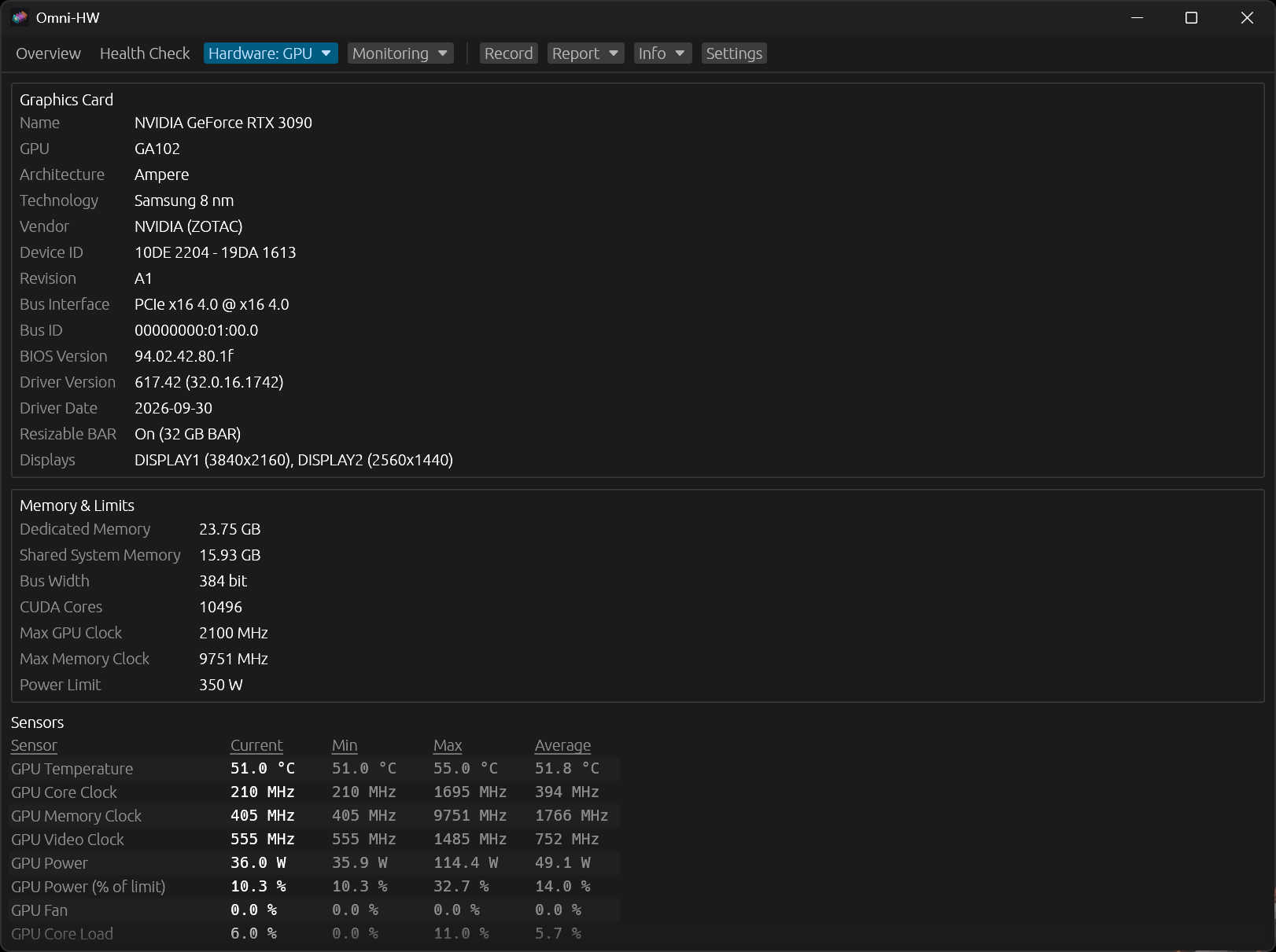 GPU details page with graphics card info, memory limits and sensors