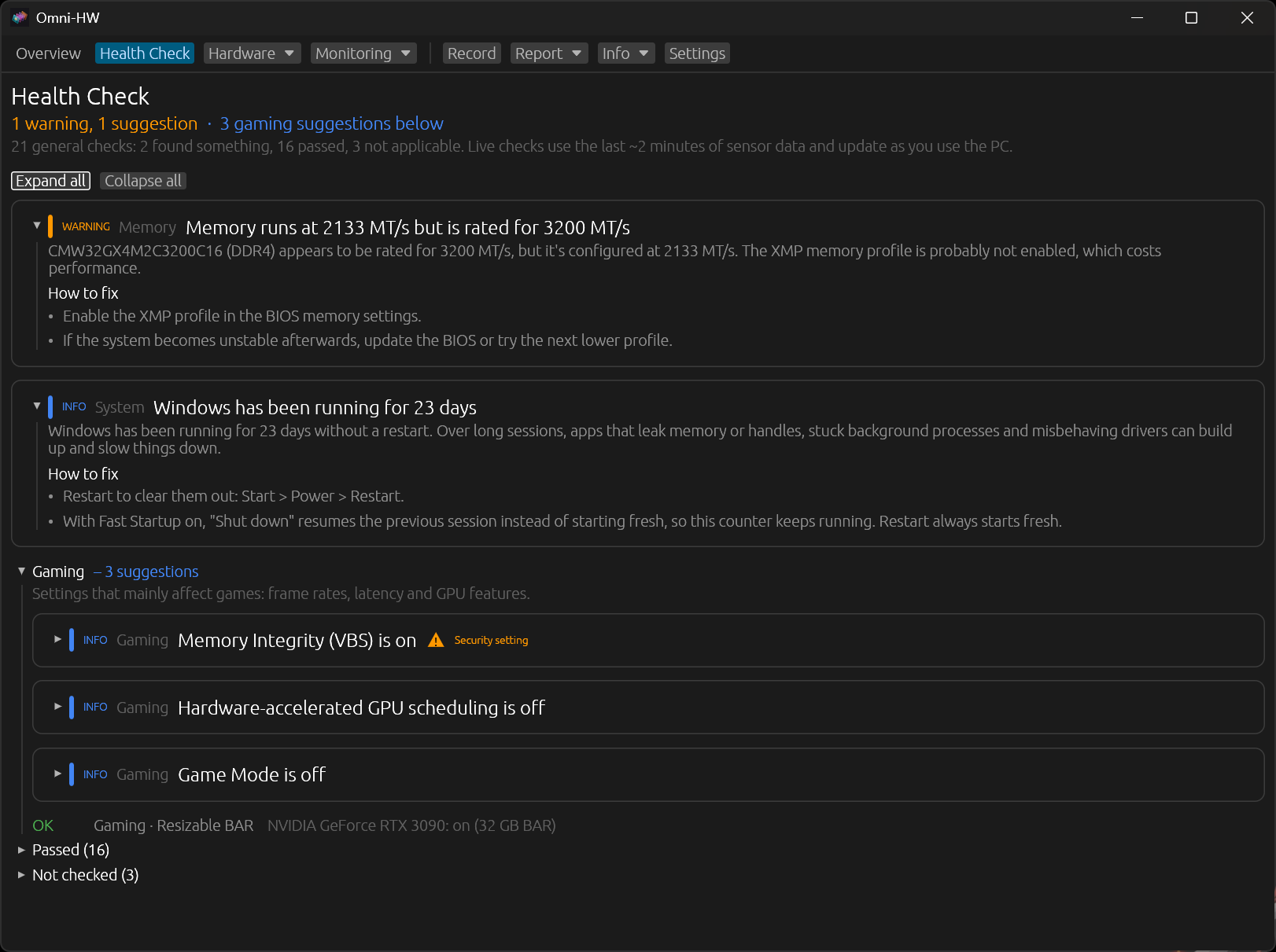 Health Check listing a memory speed warning, an uptime note and three gaming suggestions
